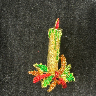 Vintage Christmas Candle Brooch with Holly & Red Bow | Gold Tone Holiday Pin