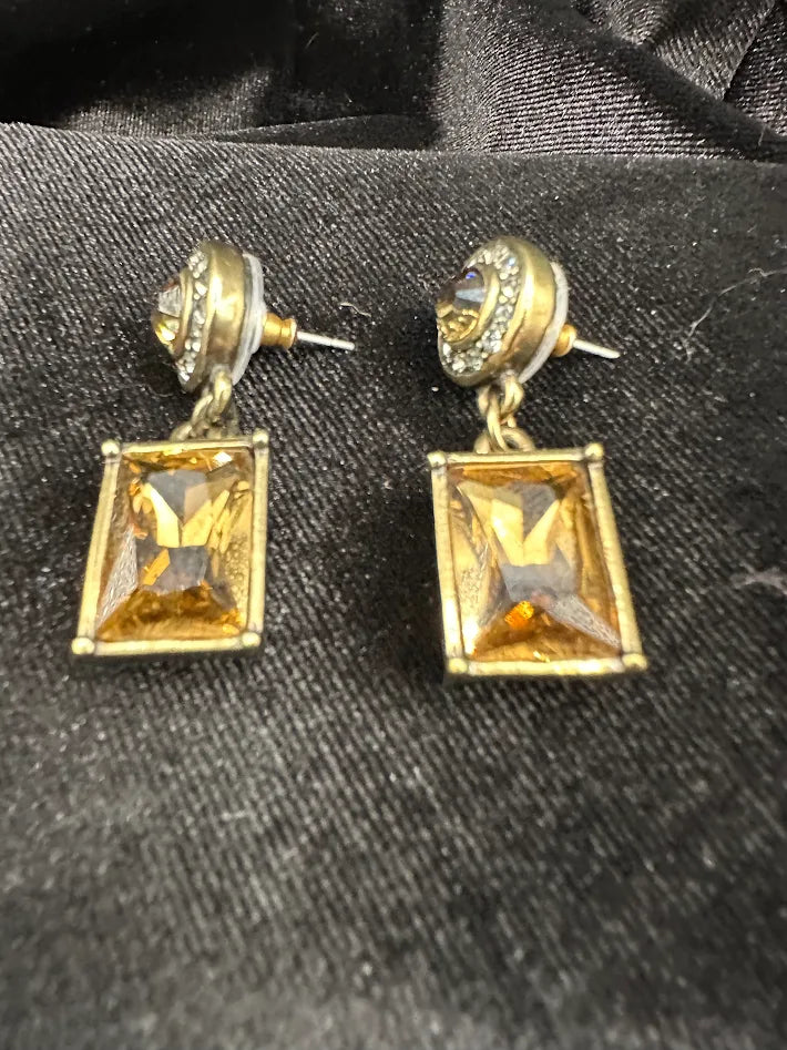 (SOLD) Heidi Daus Crystal Drop Earrings Gold Tone Rectangular Dangle Statement Designer Rhinestone
