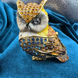Rhinestone Owl Magnetic Trinket Box | Blue Amber Crystal Enamel Finish Figurine