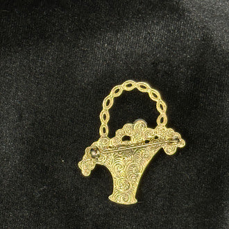Three gold-tone faux pearl brooches: flower basket, wreath and purse, view 7
