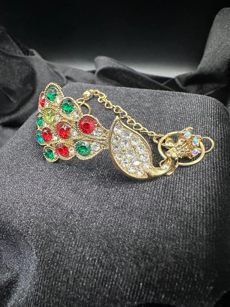 Gold-tone multicolor crystal peacock hand bracelet with ring and chain, view 4
