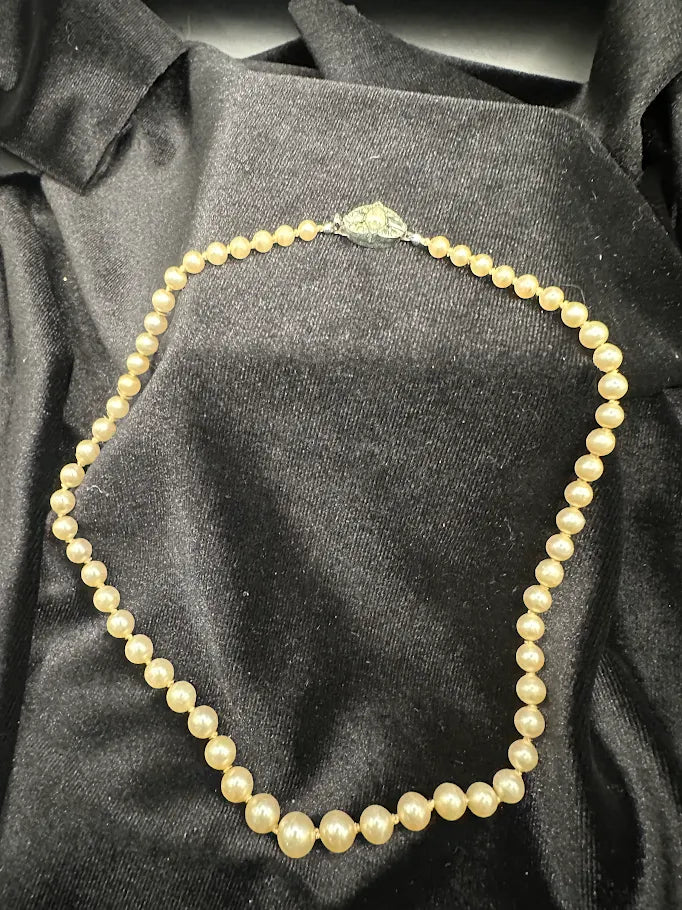Single strand cream faux pearl necklace with gold-tone crystal accent clasp, view 3