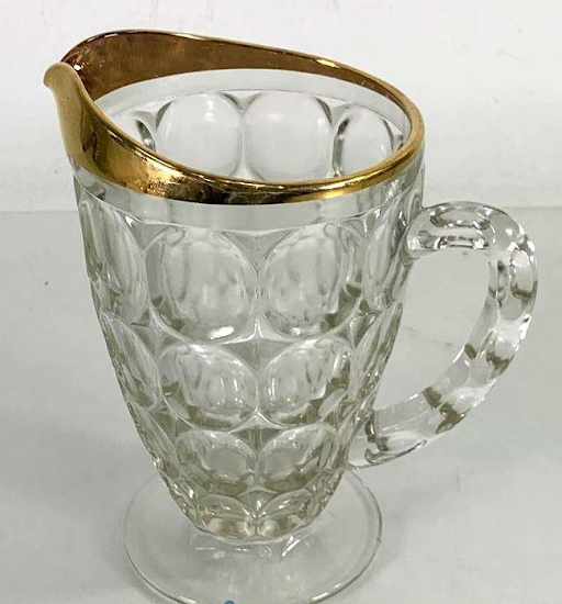 1940s–1950s Jeannette Thumbprint Glass Beverage Set Gold Rim Pitcher Glasses Tray