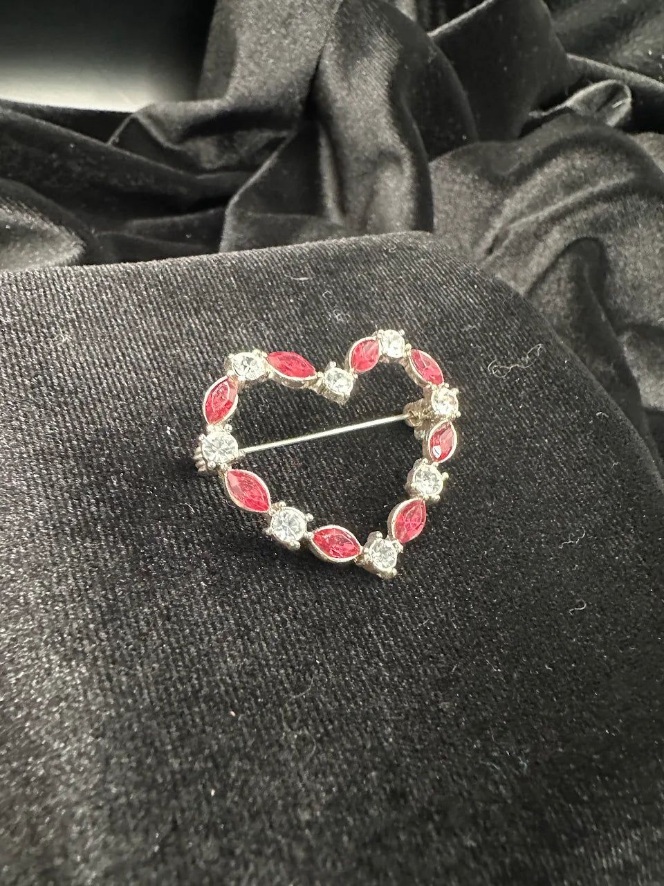 Silver-tone heart brooch with pink marquise crystals and clear rhinestones, view 3