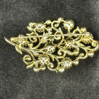 Gold-tone filigree floral spray brooch with aurora borealis rhinestones, view 4