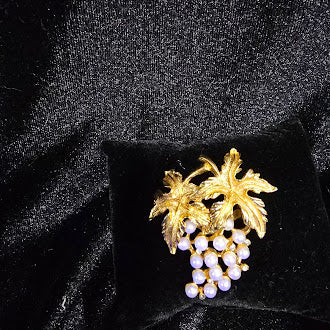Gold-tone grape cluster brooch with cream faux pearls and textured vine leaves, view 2