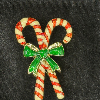 Christmas Candy Cane Brooch with Red Enamel and Green Bow