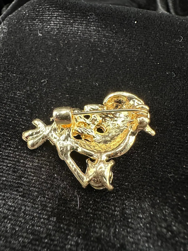 Vintage Gold Tone Rhinestone Perched Bird Brooch with Multicolor Crystals