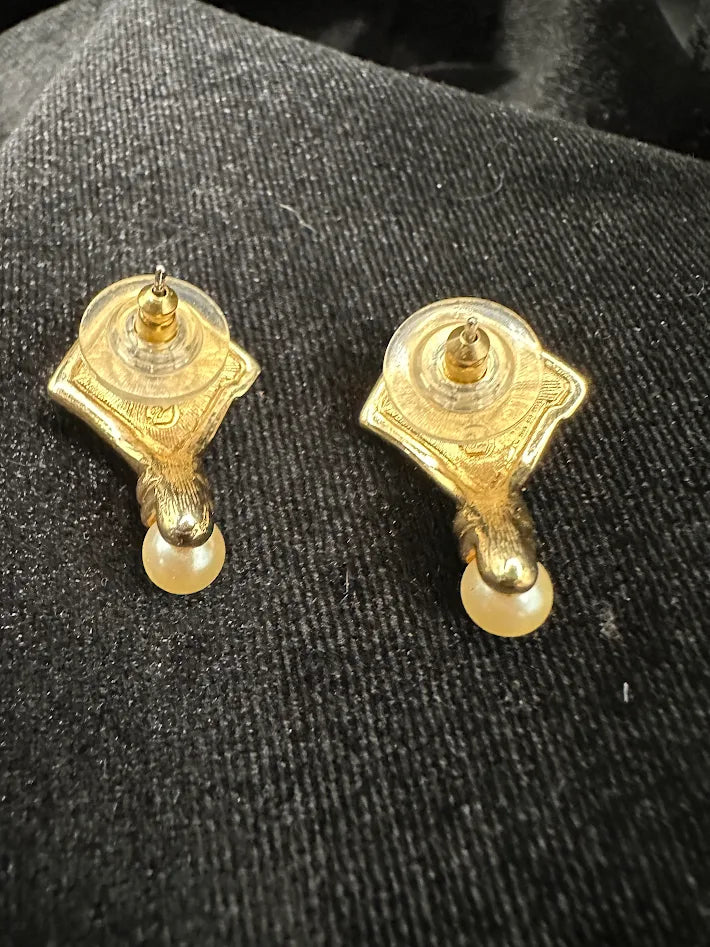 Gold-tone geometric drop earrings with clear crystals, faux pearl center and faux pearl drop, view 3
