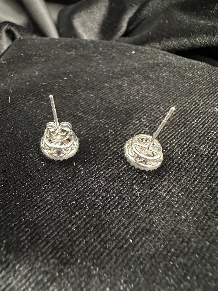 Silver-tone round halo stud earrings with clear cubic zirconia, view 3