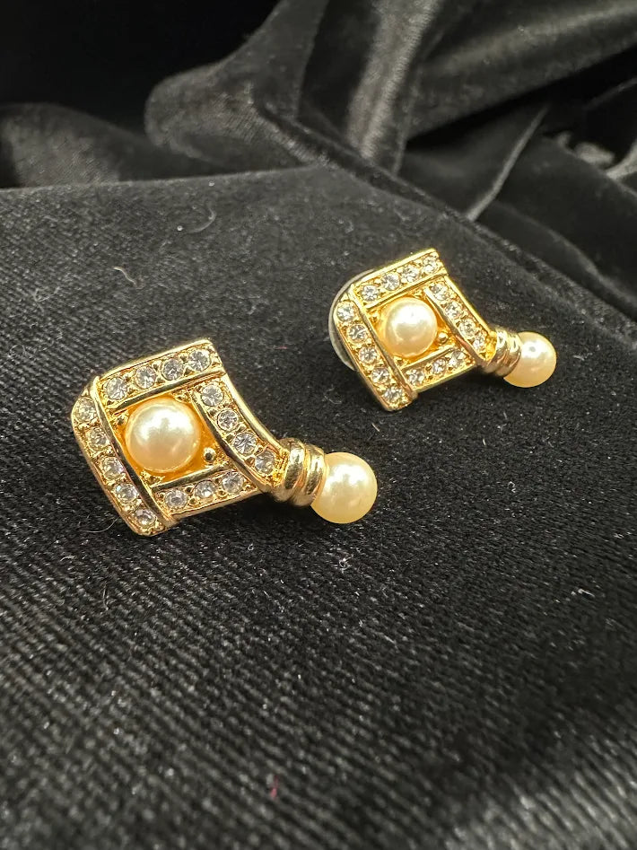 Gold-tone geometric drop earrings with clear crystals, faux pearl center and faux pearl drop, view 4