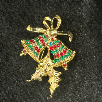 Gold-tone Christmas bells brooch with red and green rhinestones, holly and bow, view 2