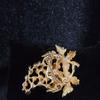 Gold-tone grape cluster brooch with cream faux pearls and textured vine leaves, view 3