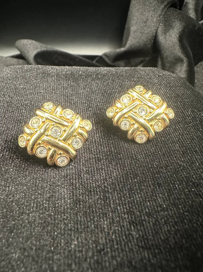 Swarovski Gold Tone Crystal Basketweave Clip Earrings | Signed Designer Statement Earrings