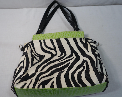 Large zebra print tote with pink and green croc-embossed trim and black handles, view 7