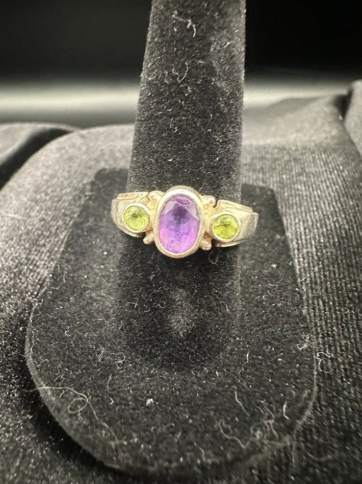 925 Sterling Silver Amethyst Peridot White Topaz Cross Pendant Necklace Ring Set Gemstone Jewelry