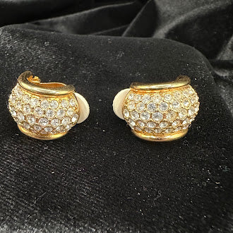 Gold-tone dome clip earrings fully set with clear pavé crystals, view 4