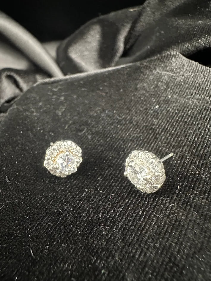 Silver-tone round crystal cluster stud earrings with scalloped edge, view 4