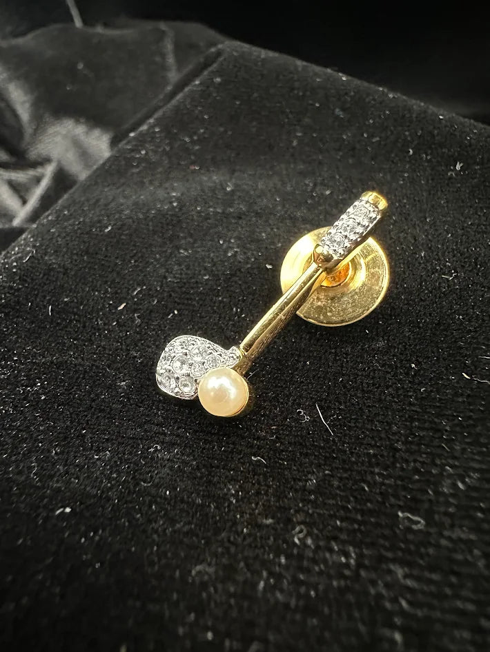 Gold-tone lapel pin with clear crystal pavé and a single faux pearl, view 3