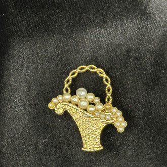 Three gold-tone faux pearl brooches: flower basket, wreath and purse, view 6