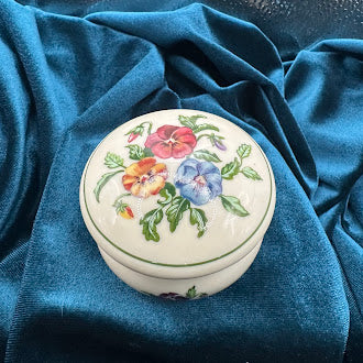 Porcelain Floral Trinket Box Pansy Bouquet Lid Gold Rim Detail