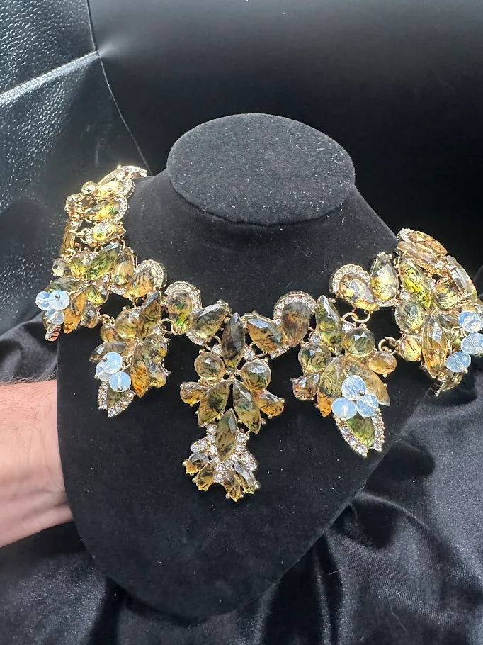 Gold Tone Floral Crystal Statement Collar Necklace
