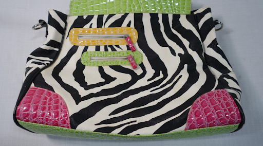 Large zebra print tote with pink and green croc-embossed trim and black handles, view 3
