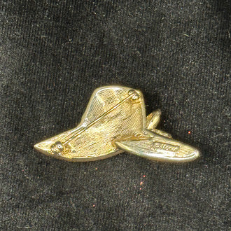 Signed Monet gold-tone sun hat brooch paved with clear rhinestones and amber accent, view 3