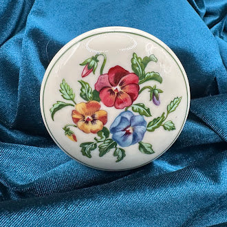 Porcelain Floral Trinket Box Pansy Bouquet Lid Gold Rim Detail