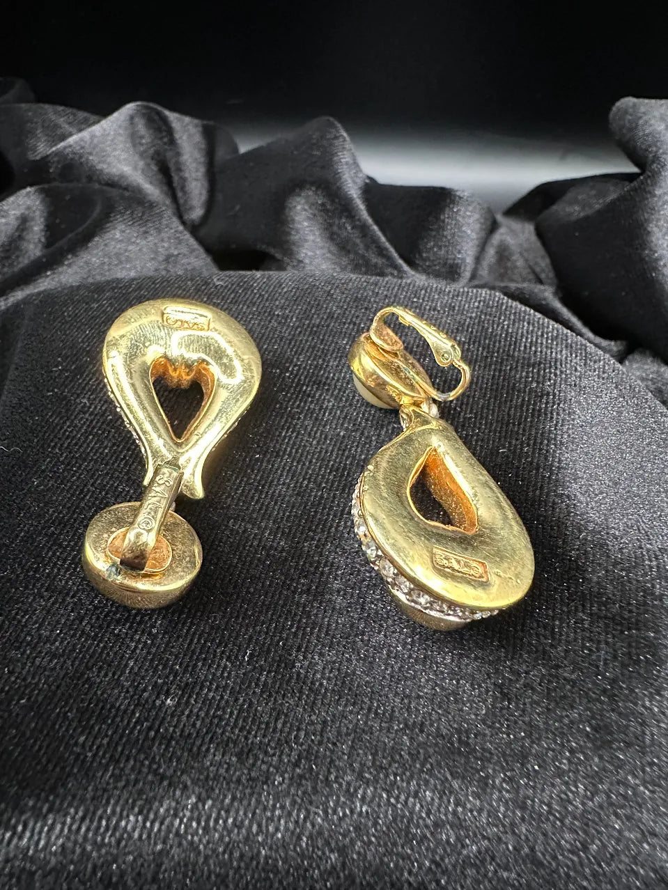 Swarovski SAL Gold Tone Faux Pearl Crystal Clip On Earrings Vintage Pave Statement Signed