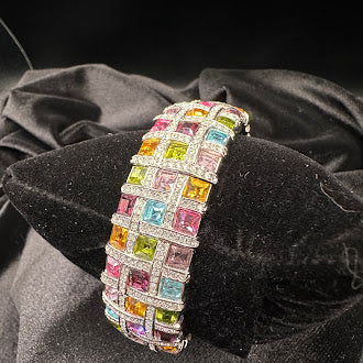 Wide Multi Color Crystal Grid Bracelet Silver Tone Statement Cuff Rainbow Rhinestone Glam Jewelry
