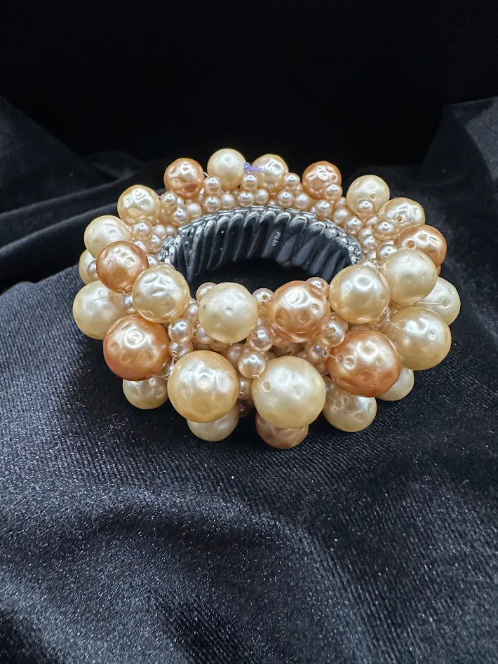 Faux Pearl Cluster Bracelet Champagne Ivory Beaded Stretch Statement Bracelet Bold Textured Bubble Jewelry
