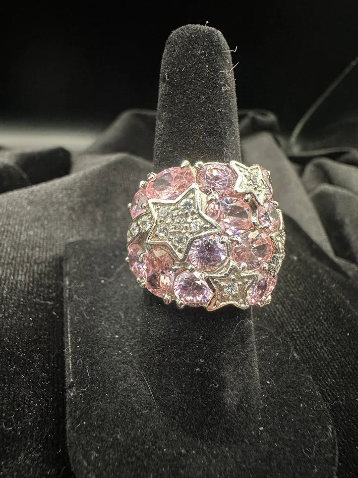 Sterling Silver 925 Pink CZ Star Cocktail Ring Wide Band Statement Size 5.25 12.3g