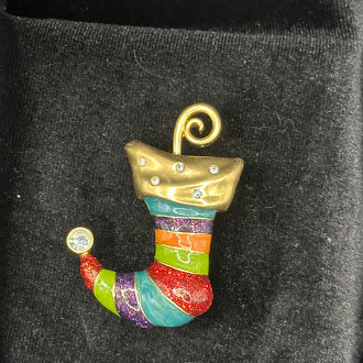 Signed Anne Klein gold-tone Christmas stocking brooch with multicolor enamel stripes and rhinestones, view 2