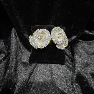 Vintage Silver Tone Rhinestone Clamper Bangle Bracelet with Double Swirl Flower Ends, Iridescent Crystal Halo, 7 Inch Estate Statement Style