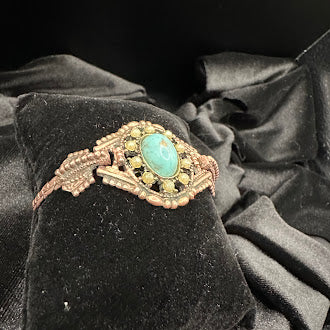 Goldette Victorian Revival Bracelet Turquoise Cabochon & Pearl Ornate Vintage Link Bracelet