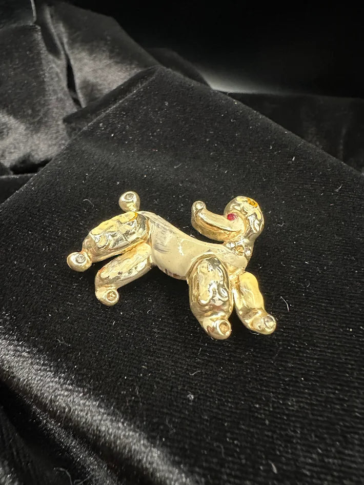 Gold-tone stylized poodle brooch with clear crystal accents and red eye, view 3