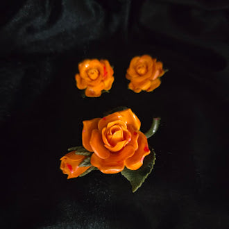 Gold-tone orange rose brooch with green leaves and matching rose clip-on earrings, view 2