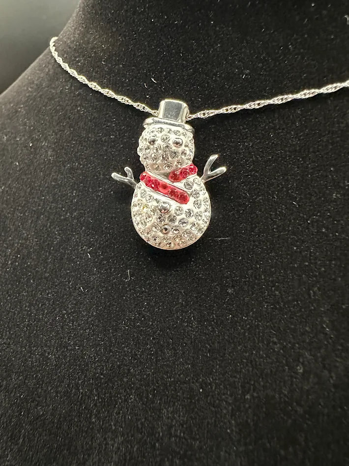 Sterling Silver 925 Snowman Pendant Necklace Crystal Pave 18” Chain Holiday Winter Charm