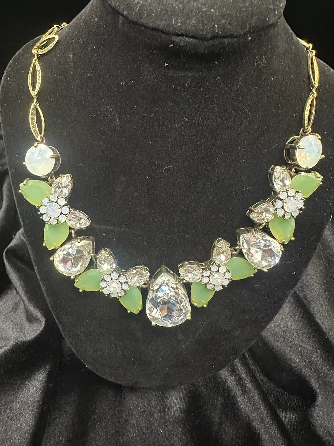 Green Rhinestone Bib Necklace Gold Tone Crystal Statement Jewelry