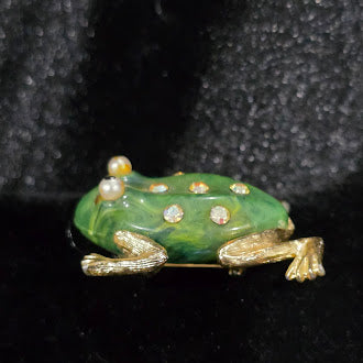 Jelly belly style frog brooch with translucent green body, gold-tone legs and clear rhinestones, view 2