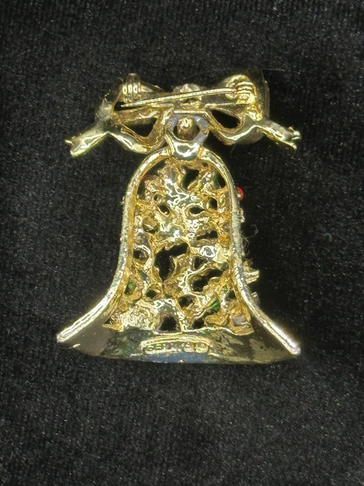 Signed Gerry's gold-tone Christmas bell brooch with green enamel holly and red berries, view 3