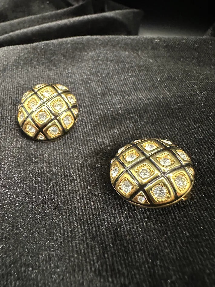 Gold-tone domed button clip-on earrings with clear crystals in a grid pattern, view 3