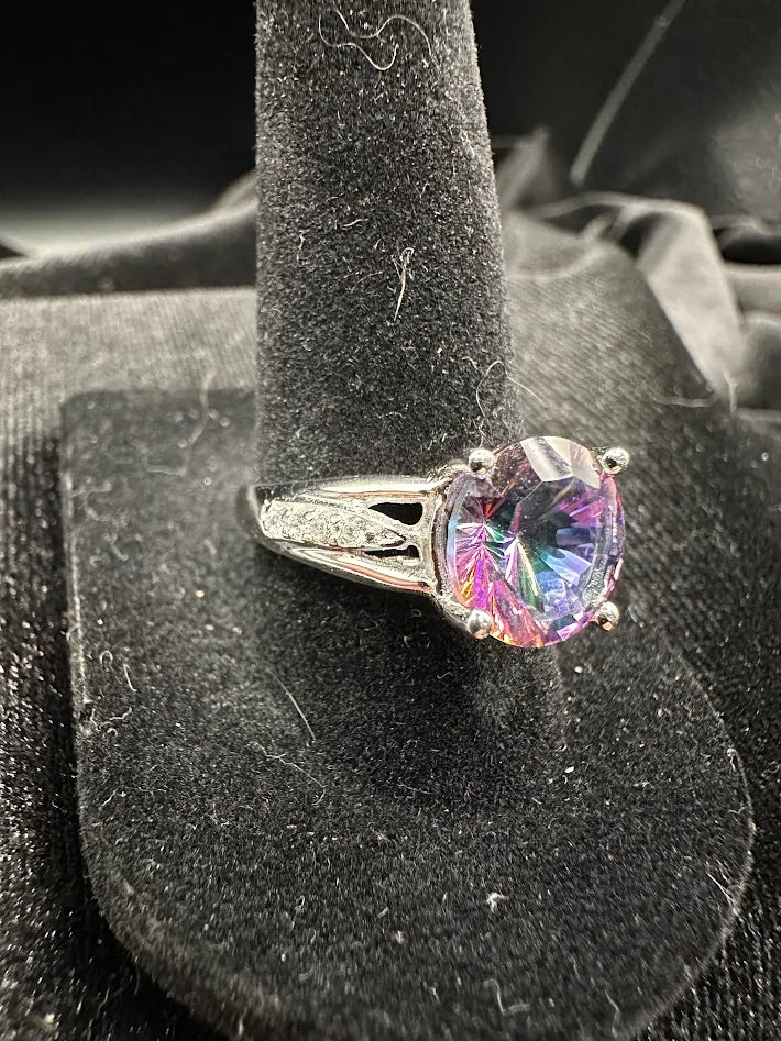Cortina Mystic Fire Topaz Ring Size 8 Rhodium Plated Sterling Silver Rainbow Quartz CZ Halo Statement Ring