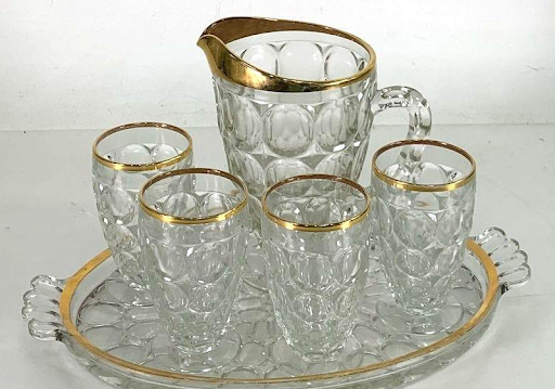 Jeannette Thumbprint Glass Beverage Set Gold Rim Pitcher Glasses Tray Vintage