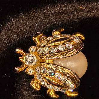 Gold Tone Rhinestone Beetle Brooch With Faux Pearl Body