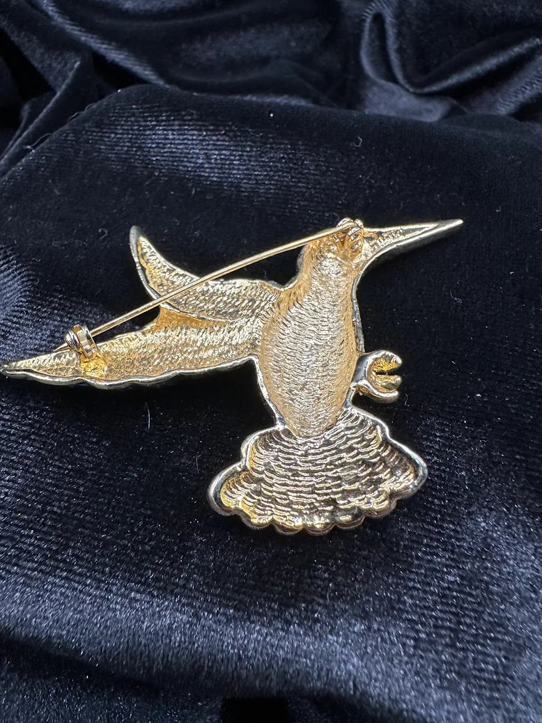 Vintage Gold Tone Enamel Hummingbird Brooch Multicolor Bird Pin Blue Green Red Statement