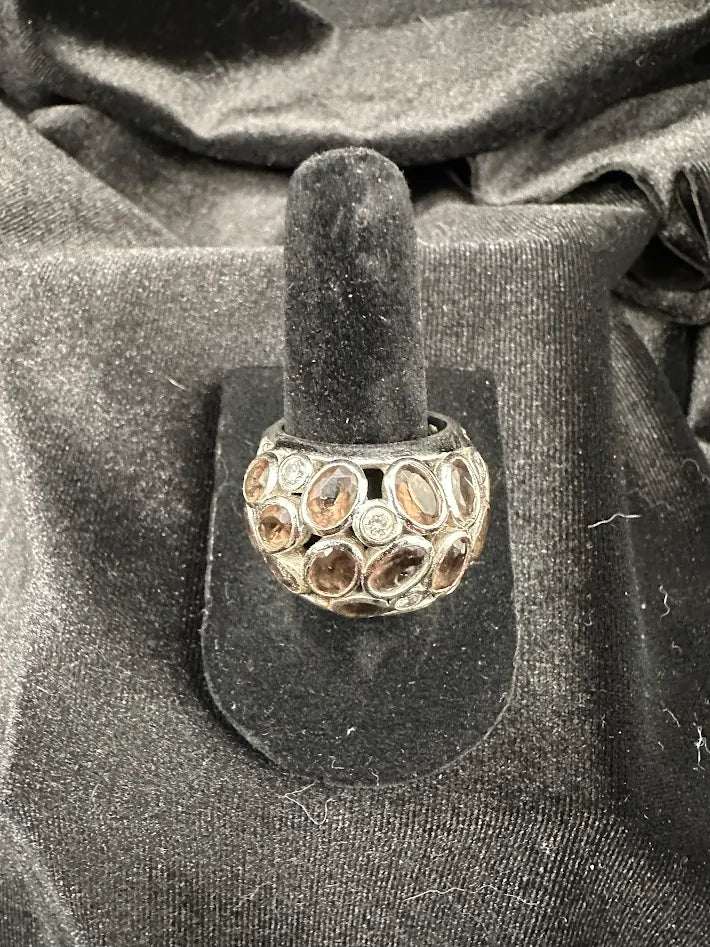 Silver-tone multi-stone cluster ring with brown smoky stones and clear accents, view 4