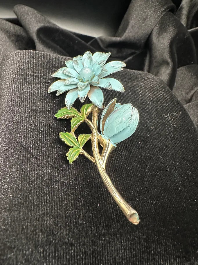 Gold-tone blue enamel flower brooch with green enamel leaves, view 2