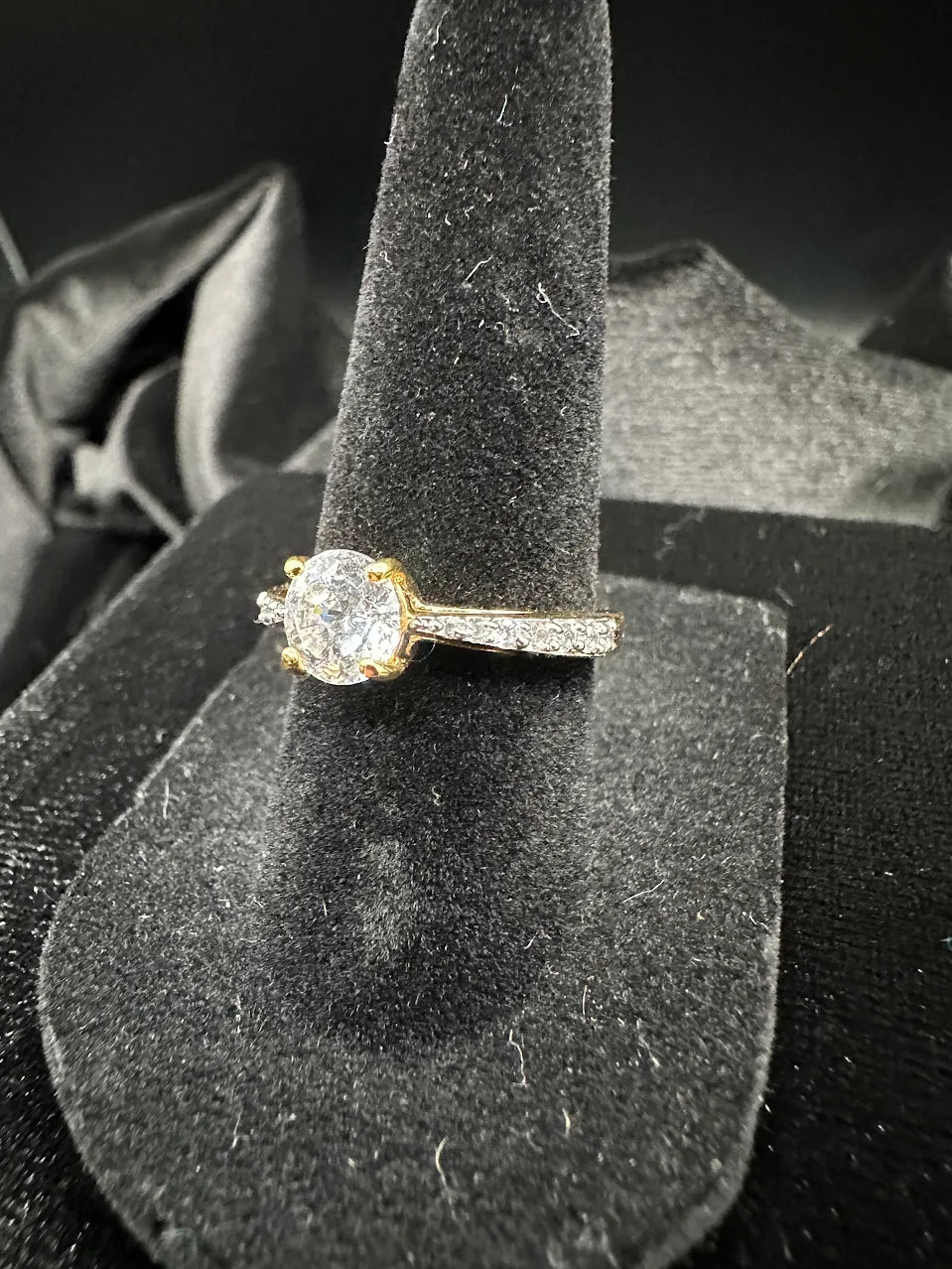 Gold Tone Clear Crystal Solitaire Ring Pave Band Bridal Inspired Design
